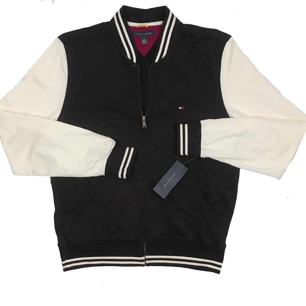 NEW Vintage Tommy Hilfiger Varsity Track Athletic Jacket! Black & Creme Knit